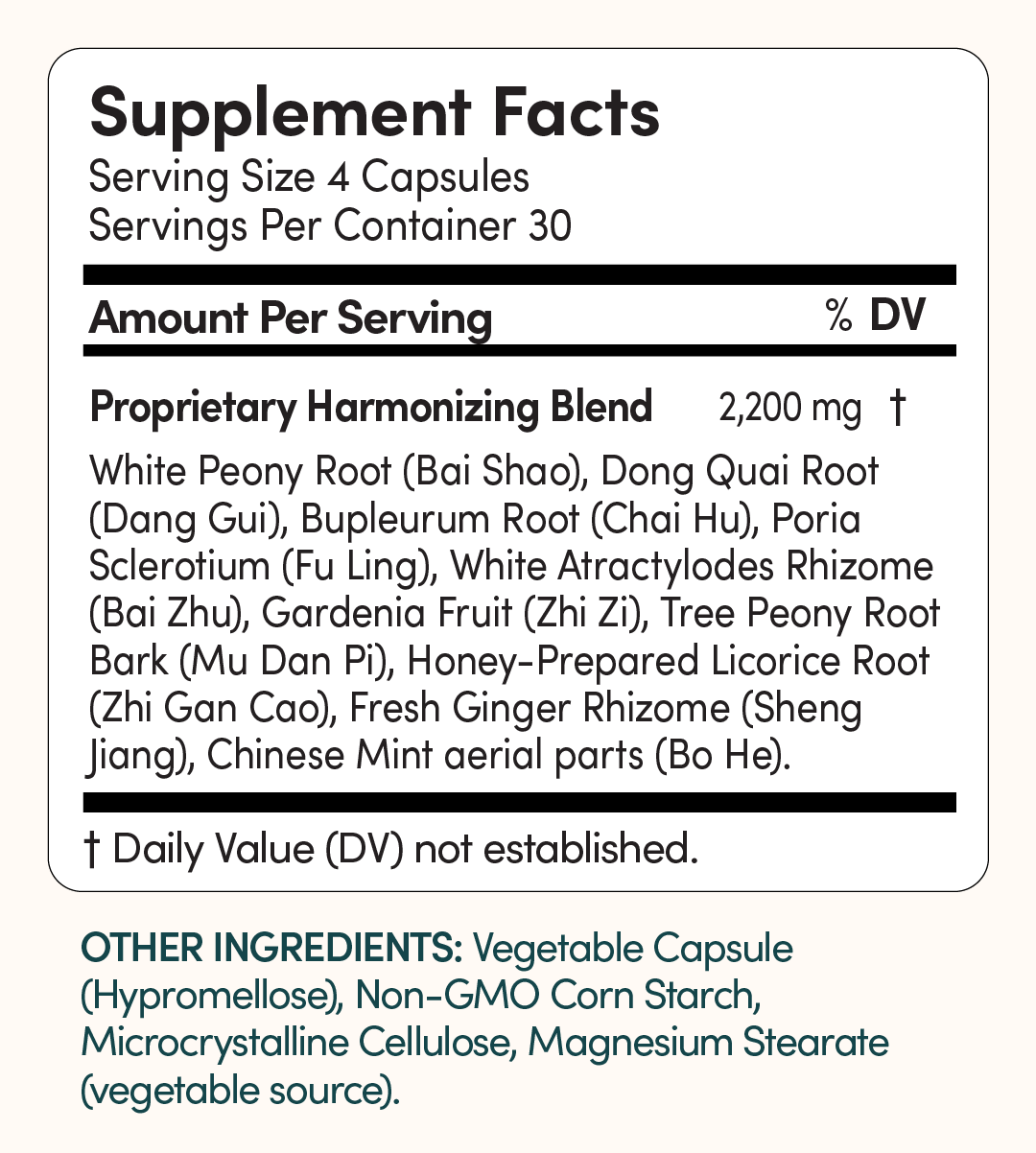 The Shift herbal perimenopause supplement facts: 2200mg proprietary blend of Dong Quai, Peony, Bupleurum and other traditional Chinese herbs
