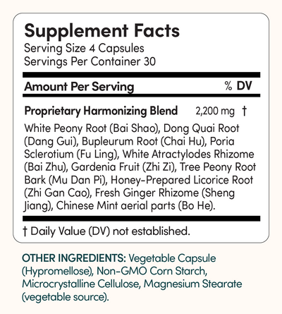 The Shift herbal perimenopause supplement facts: 2200mg proprietary blend of Dong Quai, Peony, Bupleurum and other traditional Chinese herbs